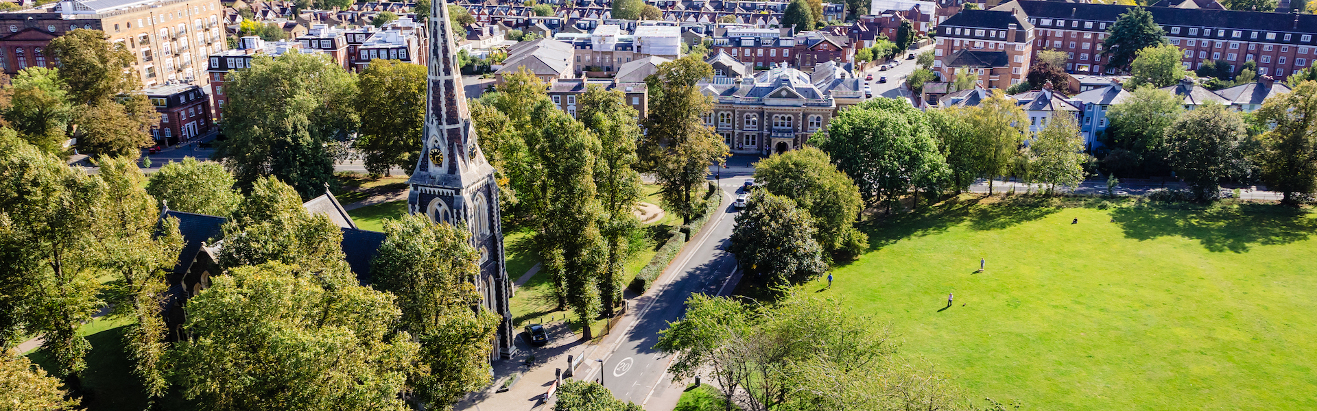 View of Chiswick Gunnersbury ward from the top of Empire House showing Christ Church, Turnham Green and beyond