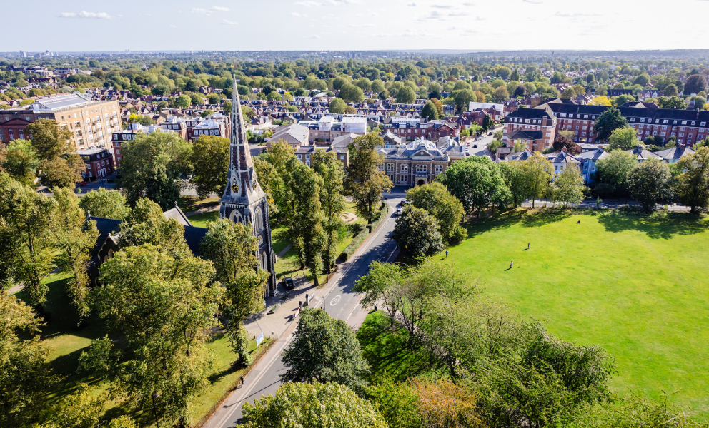 View of Chiswick Gunnersbury ward from the top of Empire House showing Christ Church, Turnham Green and beyond