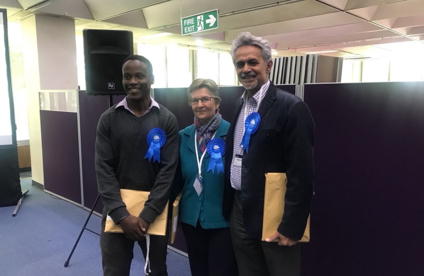 Ron Mushiso, Joanna Biddolph and Ranjit Gill immediately after their election results were announced