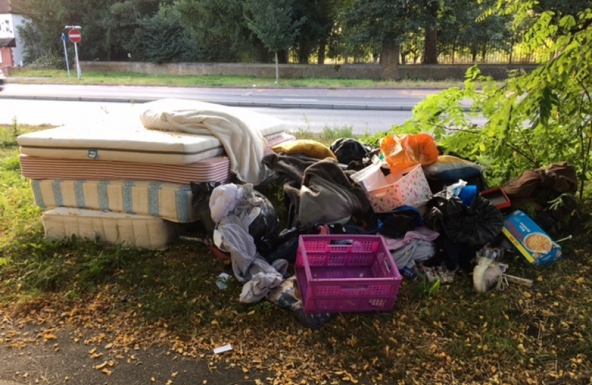 Photo of mattresses, soiled clothing, sacks and general waste piled on a grass verge beside a road