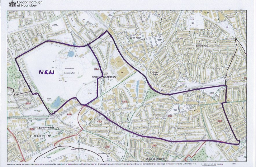 Map of the Chiswick Gunnersbury ward showing the north, south, east and west boundaries