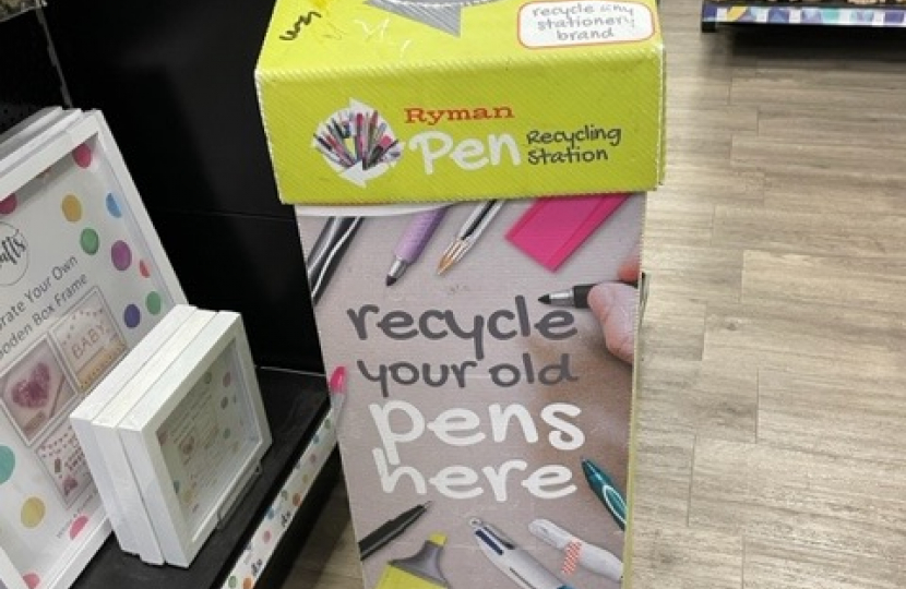 Cardboard box, the Ryman pen recycling station, for old Bic biros, felt tips, highlighter pens, marker pens, plastic pens of any sort and any brand 