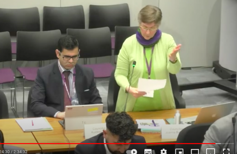 Screengrab of the council chamber showing Jo standing and speaking