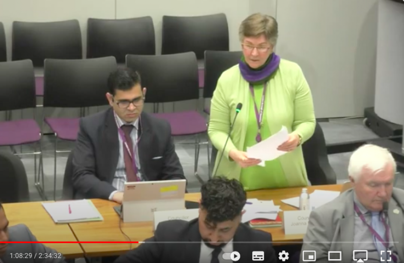 Screengrab of the YouTube recording showing Jo in the council chamber, standing and speaking