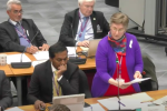 Photo of Jo standing while speaking in the council chamber at Hounslow House. 