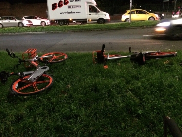 Two Mobikes abandoned on the grass as if they were litter