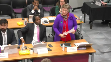 Cllr Joanna Biddolph standing as she speaks during the debate, sitting next to Cllr Ron Mushiso, both of Chiswick Gunnersbury ward