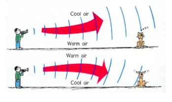 Showing sound moving with cool air above and warm air below, and vice versa, with pictures of a dog with ears down hearing nothing and ears up hearing loud sound 